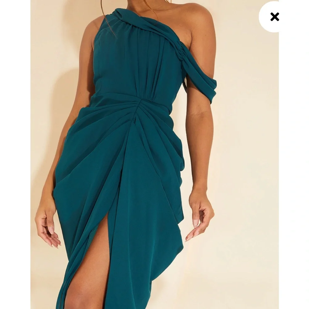 PLT Emerald Green Chiffon Asymmetric Strap Draped Midi Dress - Picture 4 of 4